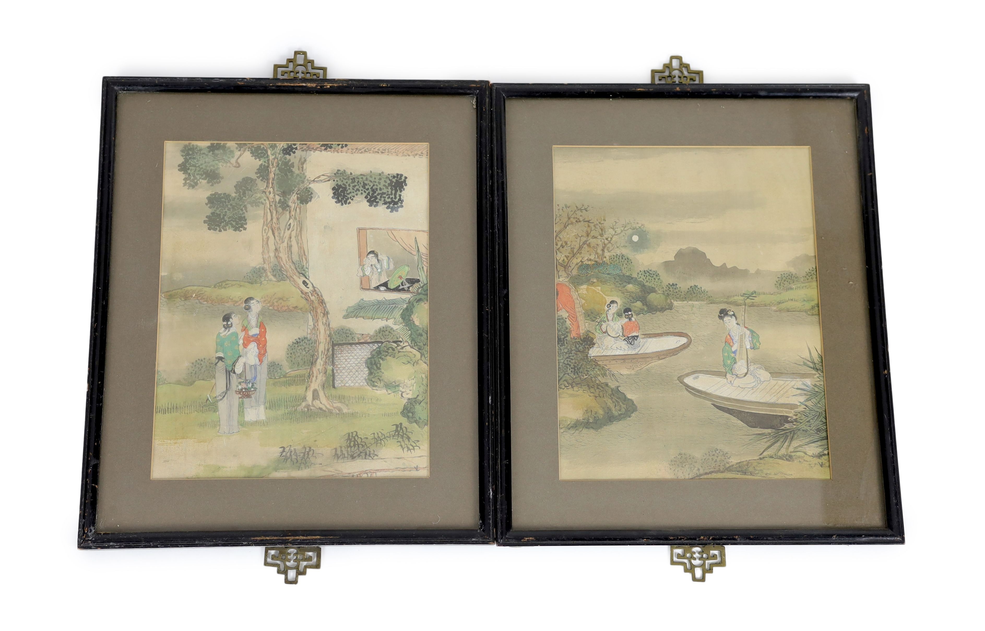 A pair of Chinese paintings on silk of ladies playing music and gardening, late 19th century, Image 29 cm x 22 cm